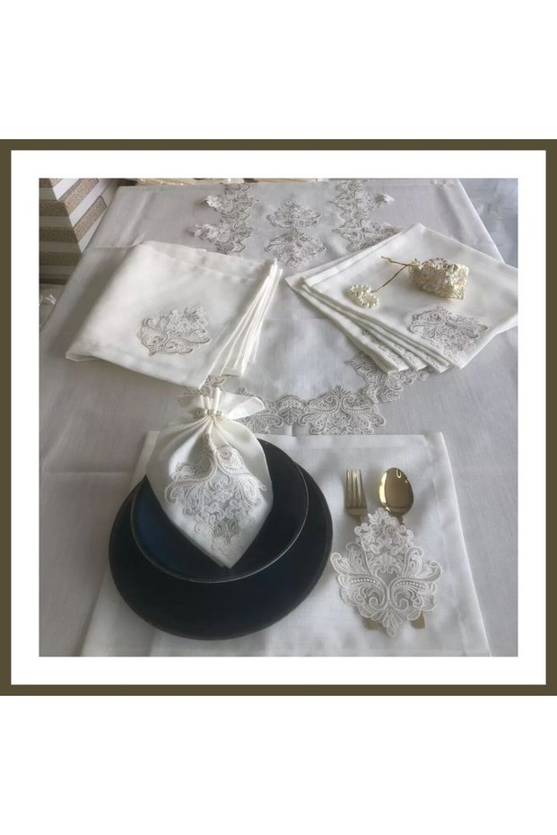 Tableware Set: Mimoza Gardenia Linen Dinner Set, 160x260 Table Set, 26-Piece Table Runner Set BX