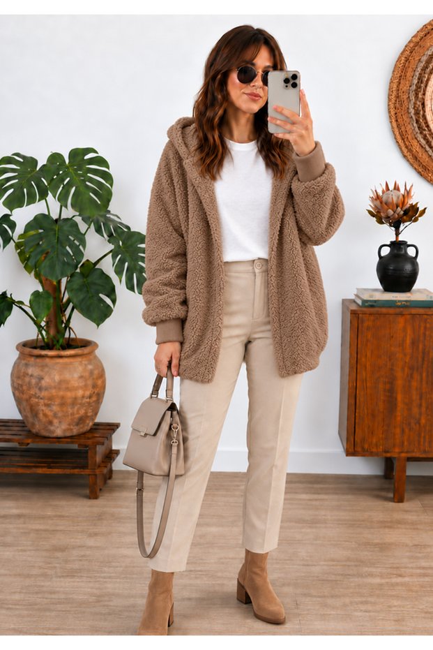 Women's Brown Hooded Plush Jacket with Ribbed Sleeve Detail—Oversized Winter Coat