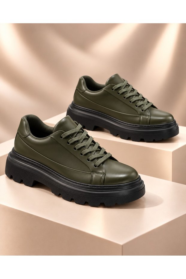 BayTuluk BT-X24 Khaki Vegan Leather Black High-Sole Men's Casual Sneakers