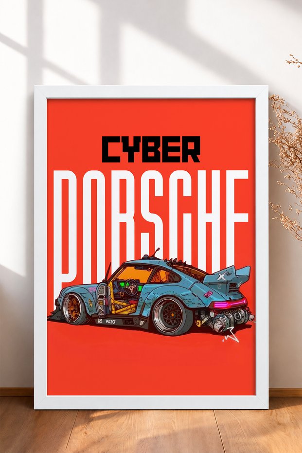 Cyberpunk Blue Wide-Body Sports Car Framed Art Print / Car Poster for Garage or Office Wall Decor OTO005