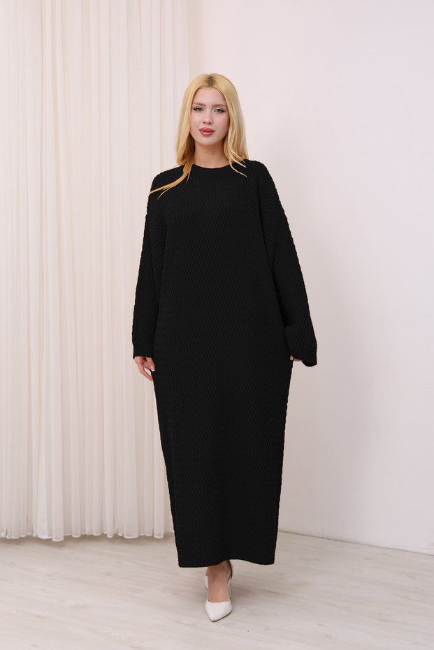 Crew Neck, Long-Sleeved, Loose Fit, Oversized, Knitted, Textured, Ankle-Length, Long Knit Dress