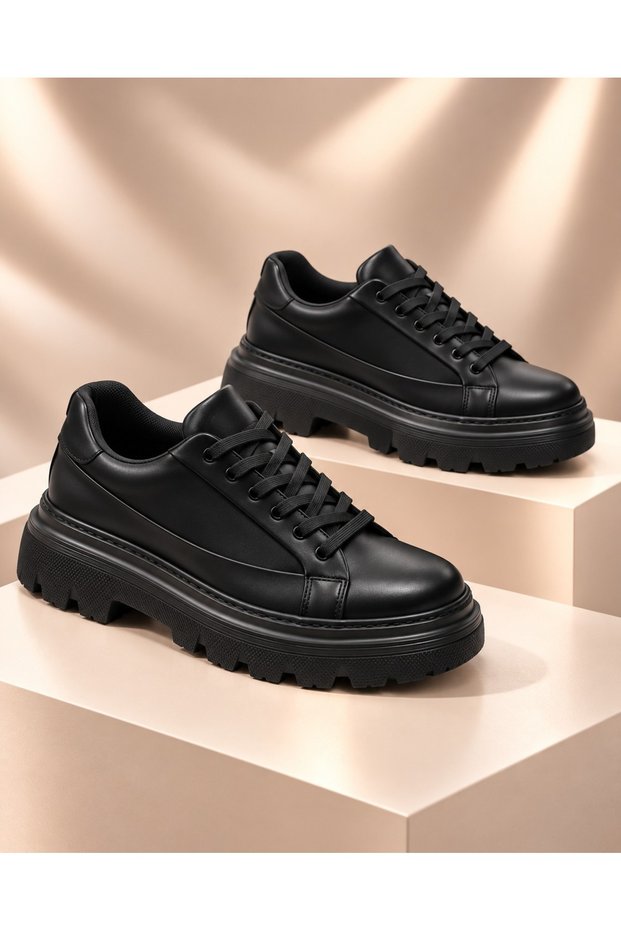 BayTuluk BT-X24 Black Vegan Leather Black High-Sole Men's Casual Sneakers