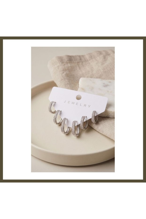 Silver-Colored Brass Oval-Square-Shaped Women's Earring Set with Zircon Stones BX