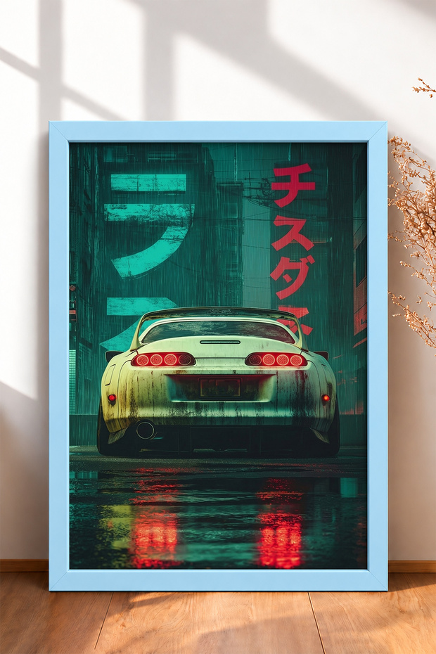 Framed Painting of a Japanese Sports Car on a Rainy Neon Street—Car Poster for Garage or Office Wall Decor OTO181