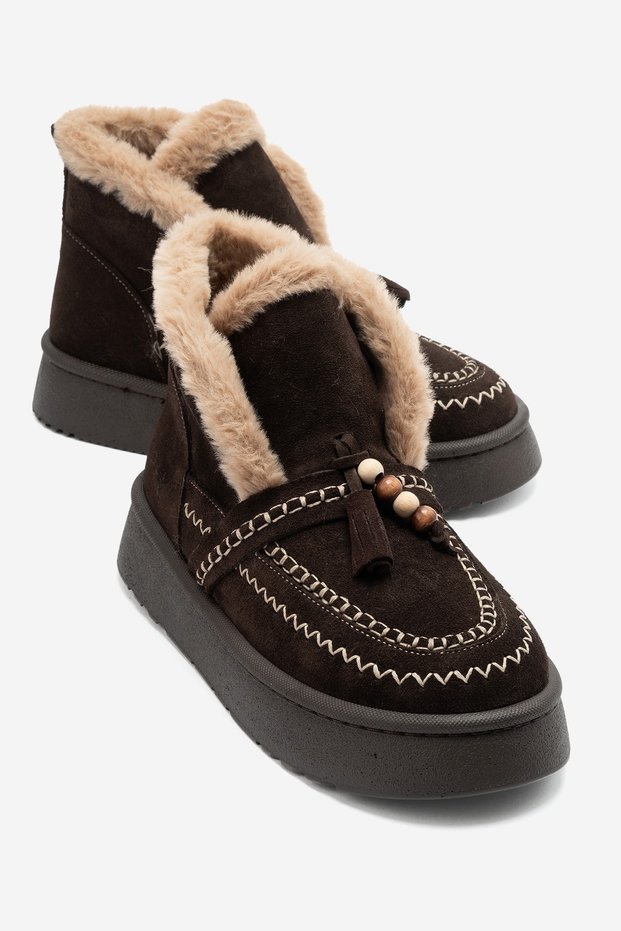 SANDY Brown Suede Genuine Leather Fur-Trimmed Tasseled Women's Boots