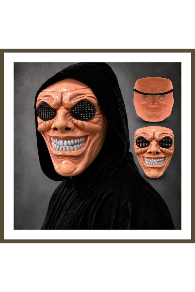 White-Toothed, Skin-Toned Face Mask with Black Mesh Eyes and a Grinning Expression BX