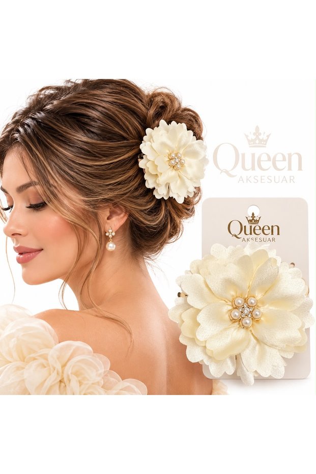 10 cm Large Satin-Layered Floral Clasp Hair Clip for Women, Decorated with Pearl Crystal Stones, Cream White