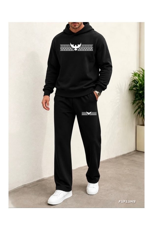 Unisex Black Printed Combed Cotton Tracksuit Set