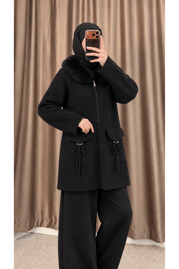 Fur-Trimmed Angora Cardigan with Double Pockets - 8322 - Black (Pre-Order)