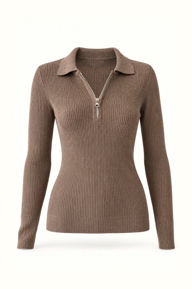 Polo Collar Zipper-Front Taupe Color Sweater