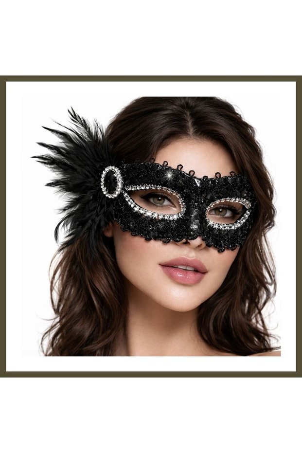 Venetian Party Mask with Black Stones? Feathered and With Sequins BX