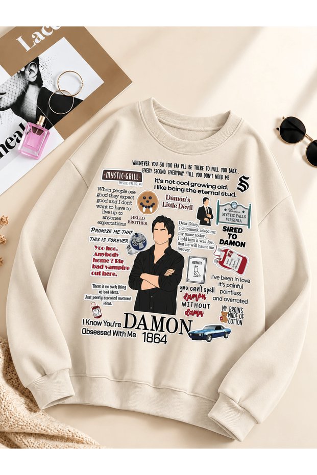 "The Vampire Diaries" Damon Salvatore Printed Cotton 3-Ply Brushed Inside Crew Neck Oversized Sweatshirt