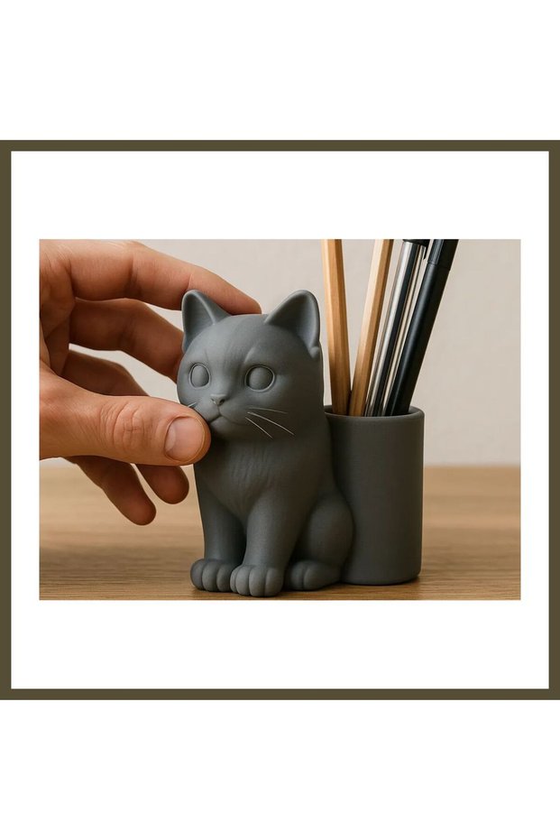 3D-Printed Cat-Shaped Pencil Holder - Desktop Organizer - Gray BX
