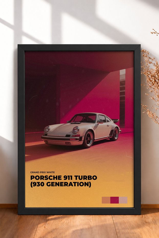 White German Sports Car on a Pink-and-Orange Background—Framed Art Print, Car Poster, Wall Decor OTO223