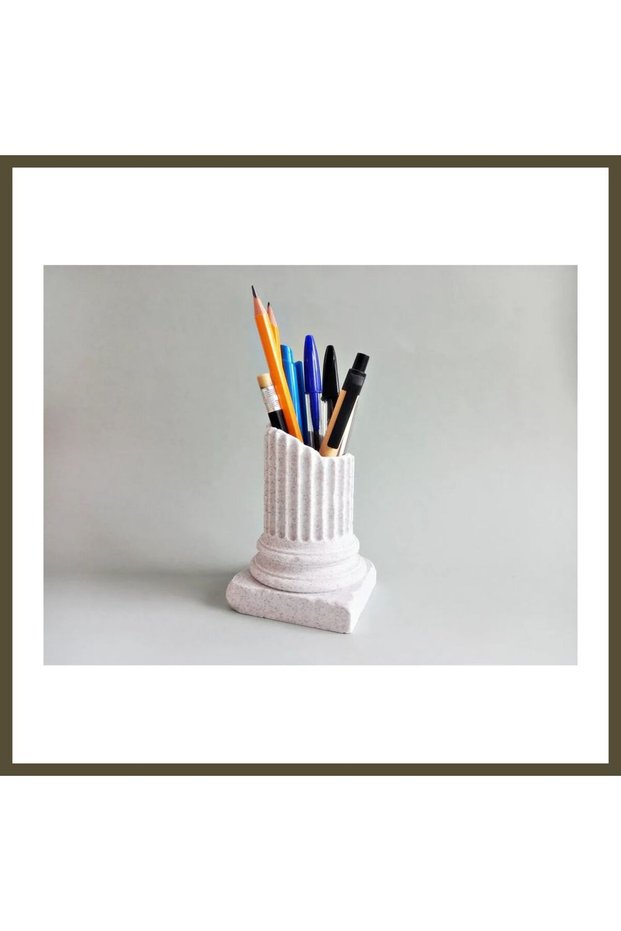 3D-Printed Ancient Roman Column Pencil Holder—Ionic Column-Style Desktop Pencil Holder, White BX