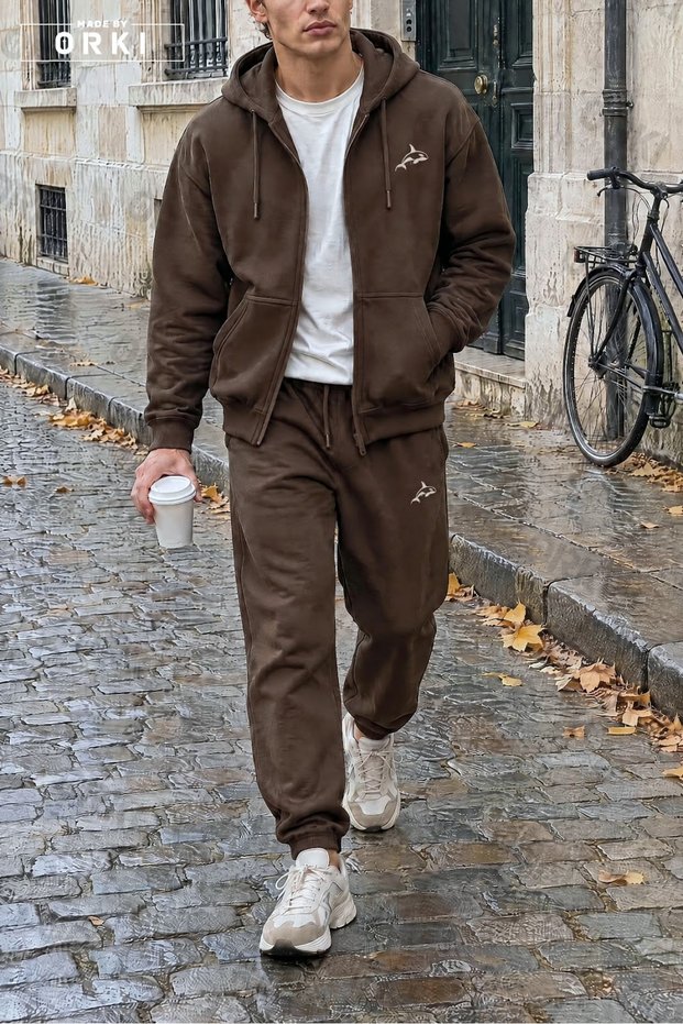 Light Brown Unisex Cardigan and Jogger Pants Set with Minimalist Killer Whale Print (2-Piece Set)