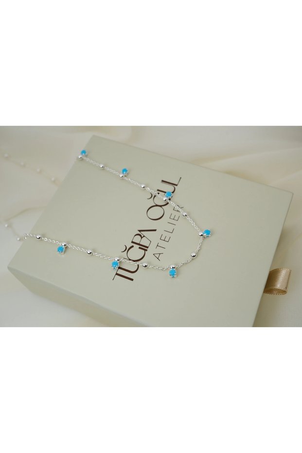 KOL964 Blue Stone Dangle Silver-Colored Necklace