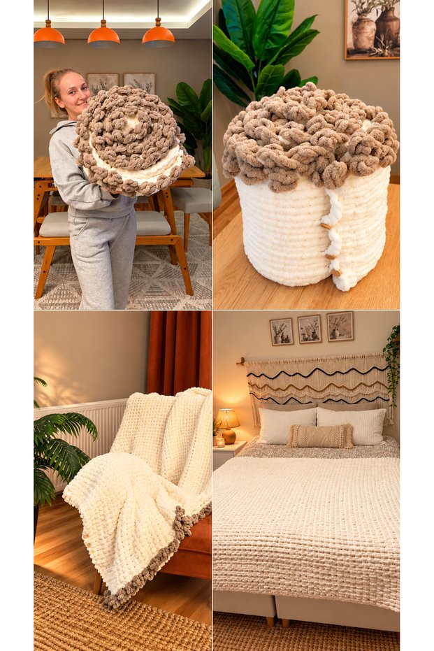 Zuviel Deco Latte Dream Ecru taupe color handmade Designer Blanket 150x200 cm
