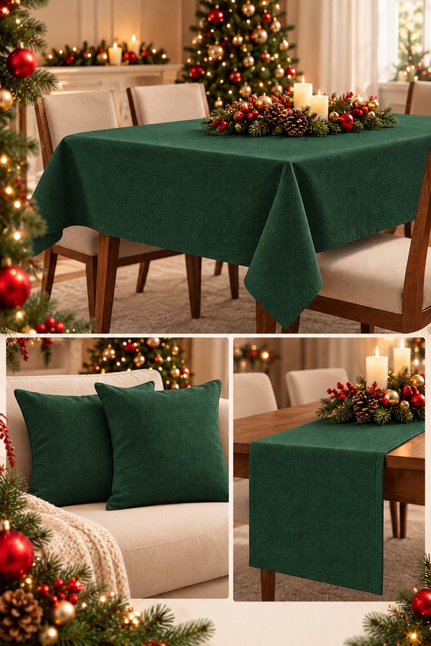 New Year's Table and Living Room Decor Set: 6-Piece Set—Tablecloth, Table Runner, and 4 Cushion Covers—Green