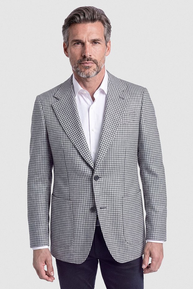 Gray Crepe Micro-Patterned Houndstooth Classic-Collar Blazer Jacket