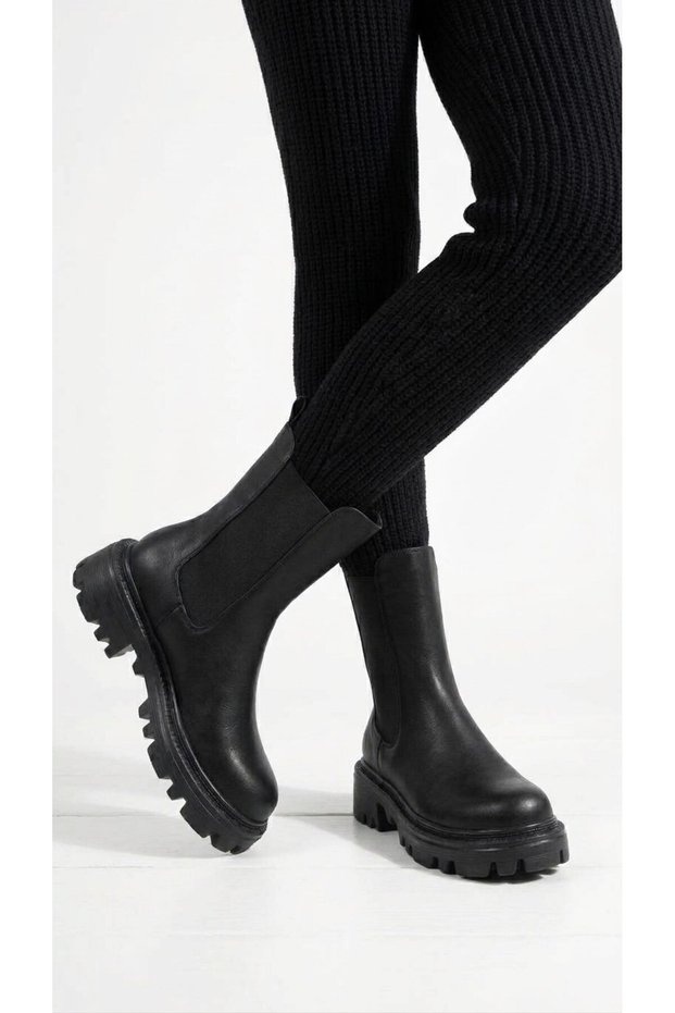 Women's Black Boots with Elastic and Thick Soles