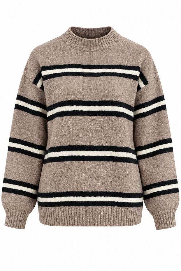 Brown Striped Oversized Knit Sweater - 2y2516