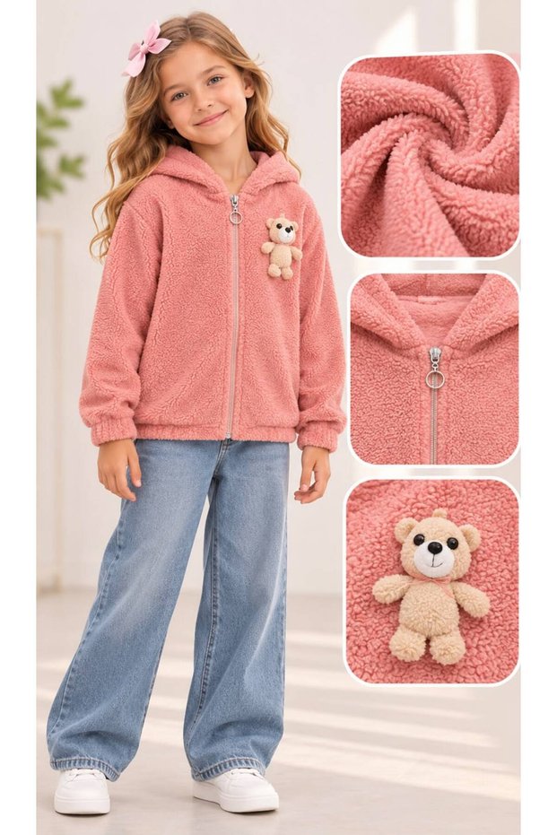 Girls' Plush Jacket with Zip Detail -CARDIGAN– Zipper, Soft-Textured, Ages 5–10
