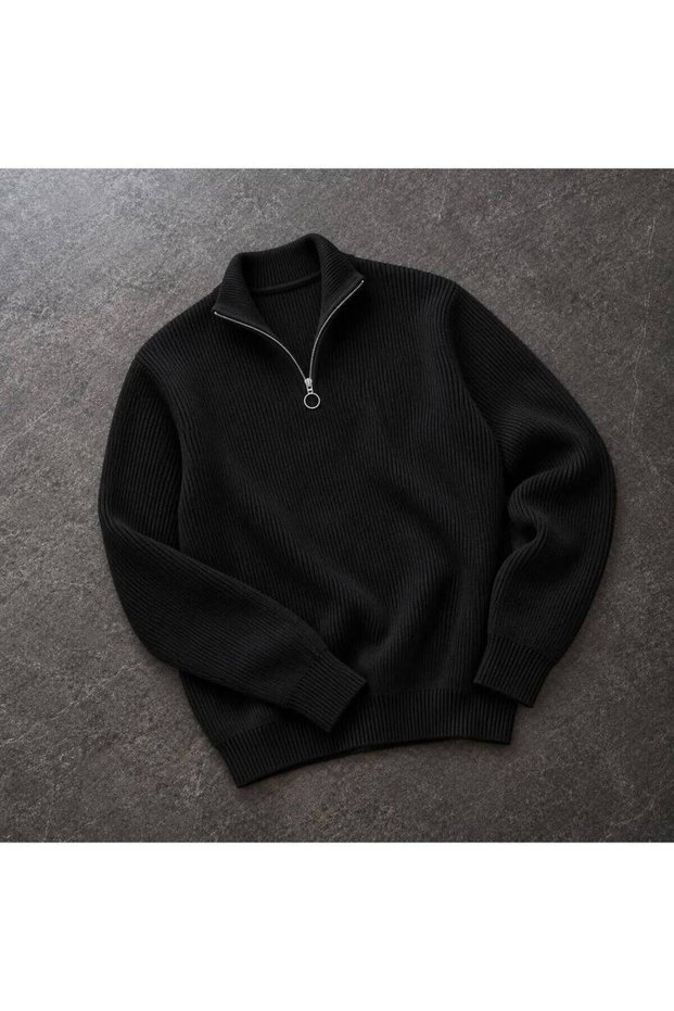 Men's Half-Zipper Stand Collar Ribbed Knit Sweater
