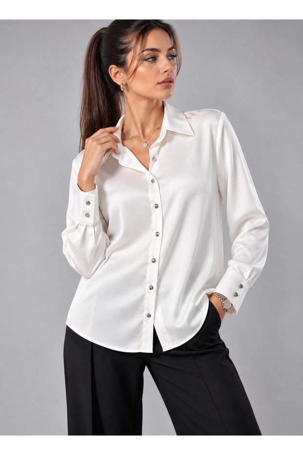 ALFATEKS Women's Satin Shirt, Long-Sleeved, Drapey, Relaxed Fit, Classic Collar, Button-Down