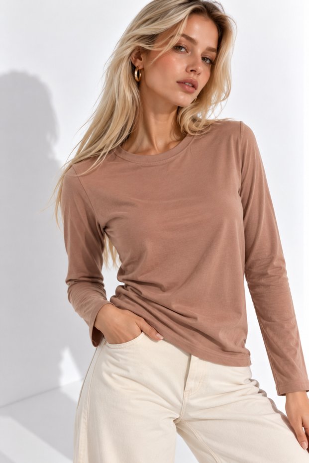 Women's Light Brown Crew Neck Long-Sleeve Blouse