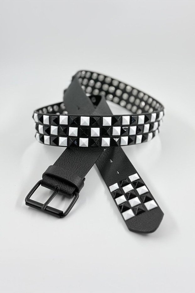 Black Leather Belt with Three Stripes and Black-and-White Pyramids