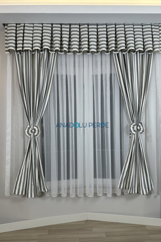Kitchen Curtain, Closely Pleated, 1/3 Gray Striped, with Fringe, Short Curtain Rail, Modern Drapery Curtain
