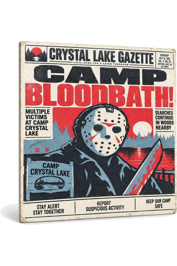Horror Newspaper Wall Art, Camp Lake Massacre, Man Cave & Halloween Decor