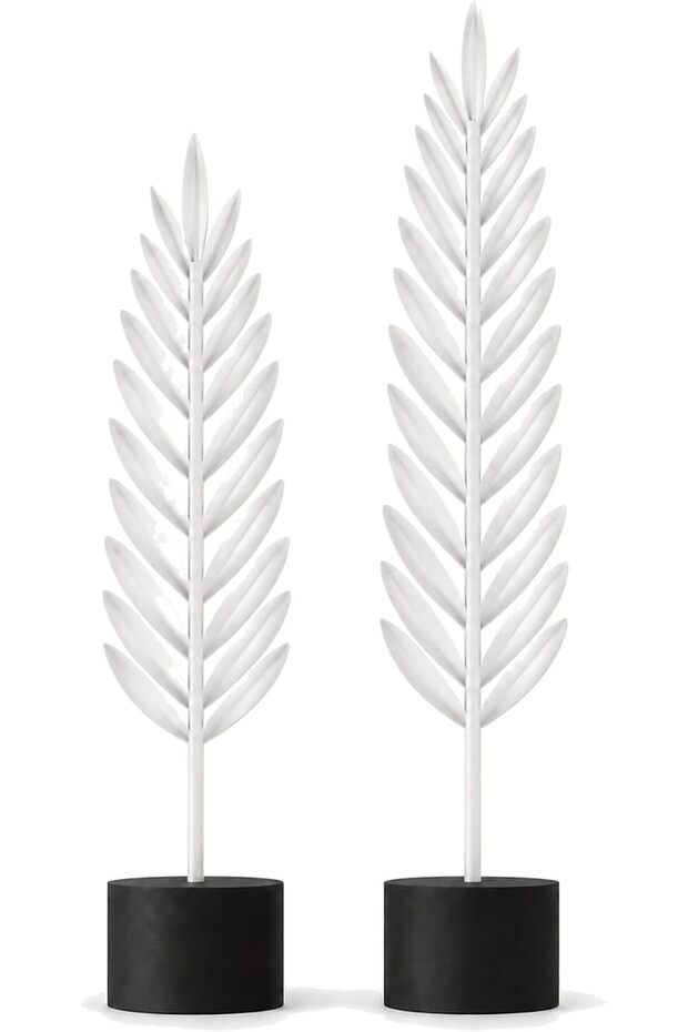 Modern Feather Sculpture Set of 2, 28 cm and 24 cm Decorative Leaf Statues on Round Stands, White