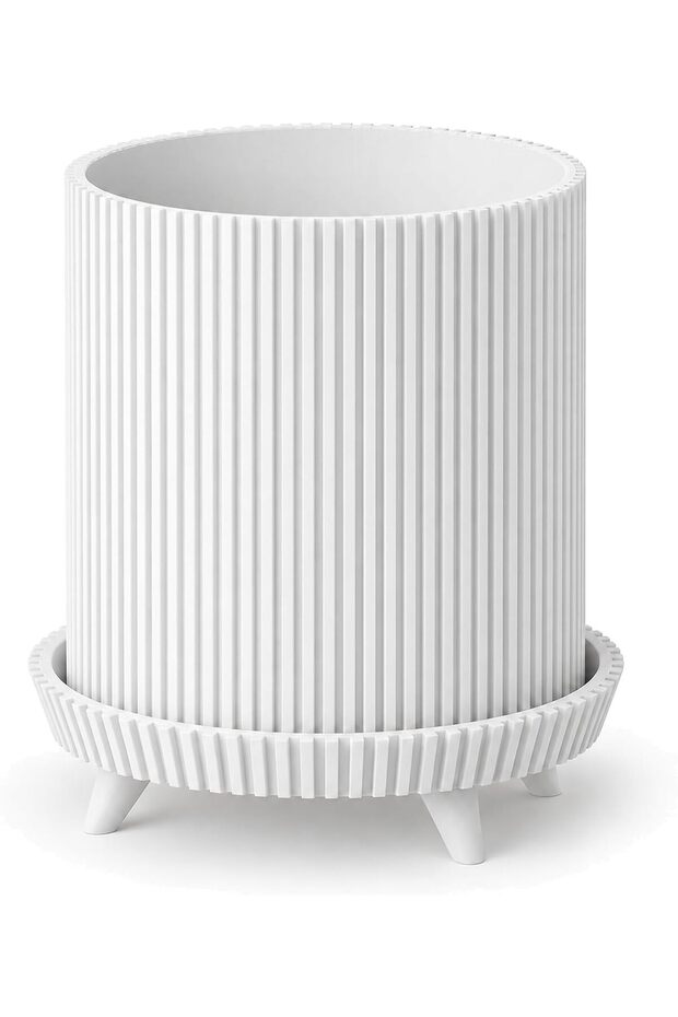 Ribbed Planter with Legs, 11.5 cm Opening, Modern Mid-Century Plant Pot for Indoor Plants, White