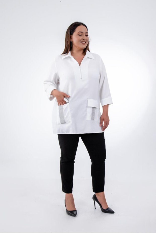 Women's Plus-Size Pocketed, Rhinestone-Embellished, Zippered-Front Shirt