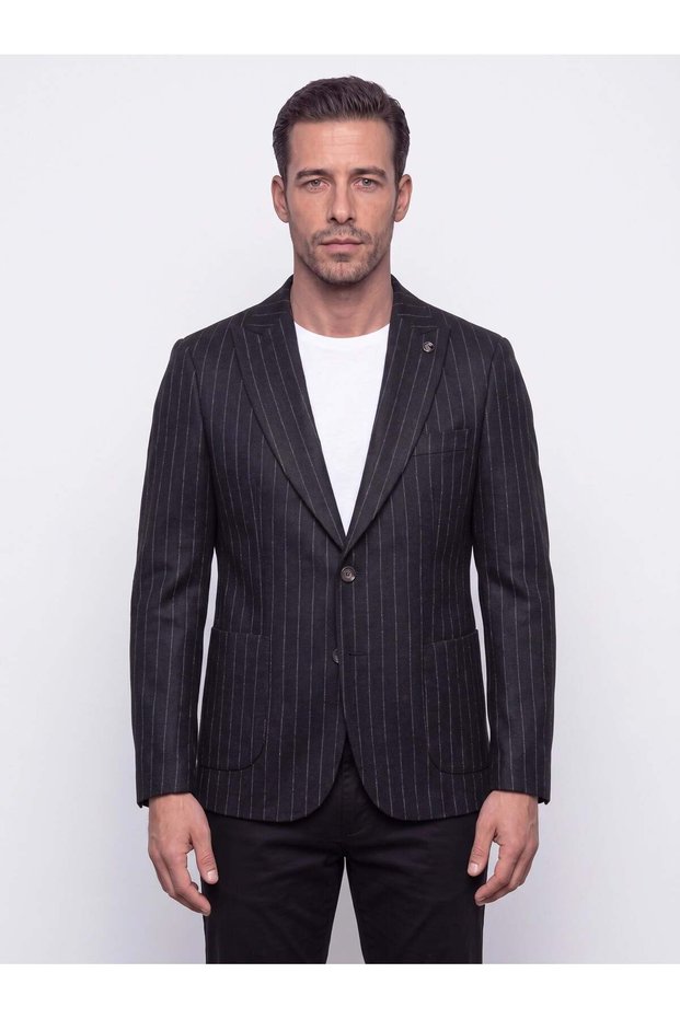 Black Pointed-Collar Slim Fit 6-Drop Striped Wool Winter Men’s Jacket