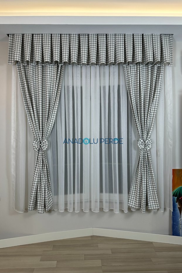 Kitchen Curtain, Closely Pleated, 1/3 Gray Gingham, with Fringe, Short Curtain Rail, Modern Drapery Curtain