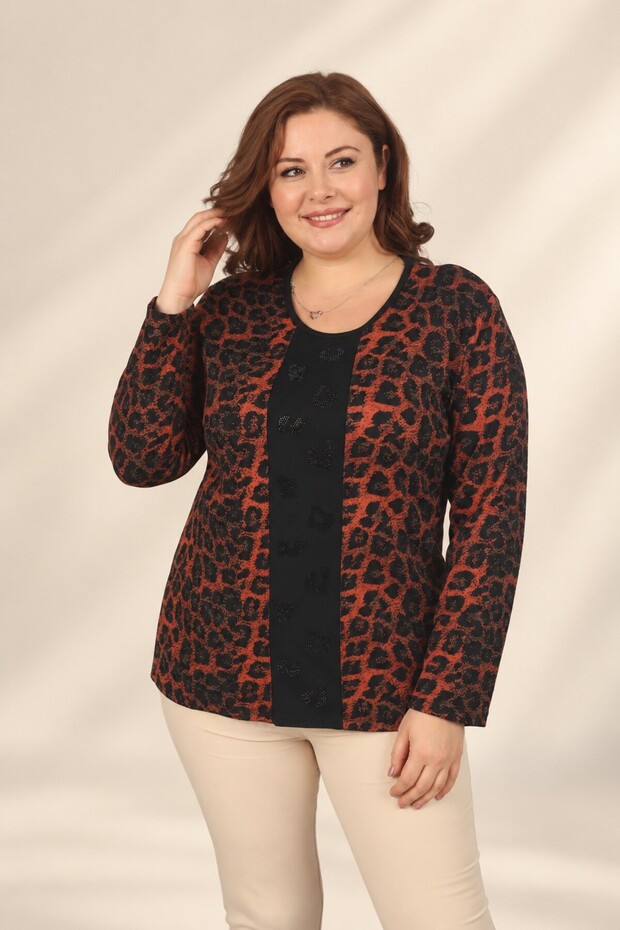 Women's Leopard Print Blouse with Paneled Front, Stone Embellishments, Long Sleeves, Stretch Viscose, Plus Size