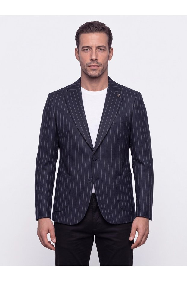 Navy Blue Pointed-Collar Slim Fit 6-Drop Striped Wool Winter Men’s Jacket