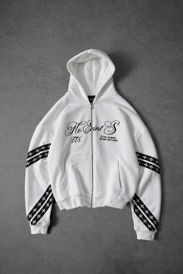 Men's White No Saints Oversized Full-Zip Hoodie