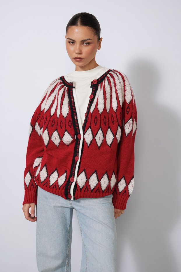 Jacquard Bicycle-Neck Knit Cardigan, Red