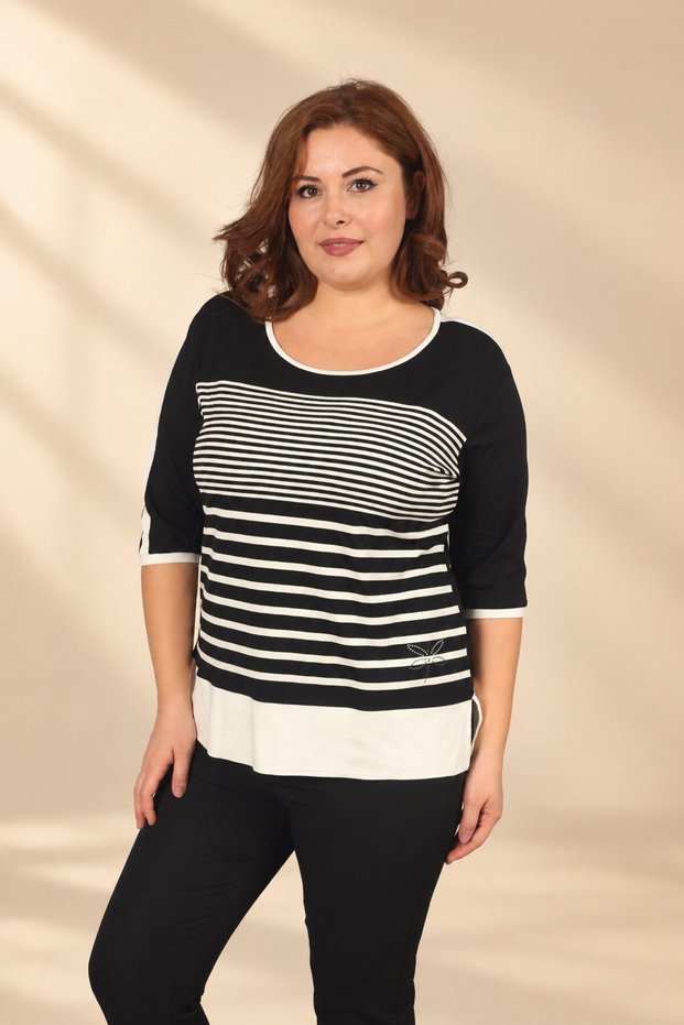 Women's Horizontally Striped, Embellished with Stones, Butterfly-Patterned Stretch Fabric Viscose Blouse