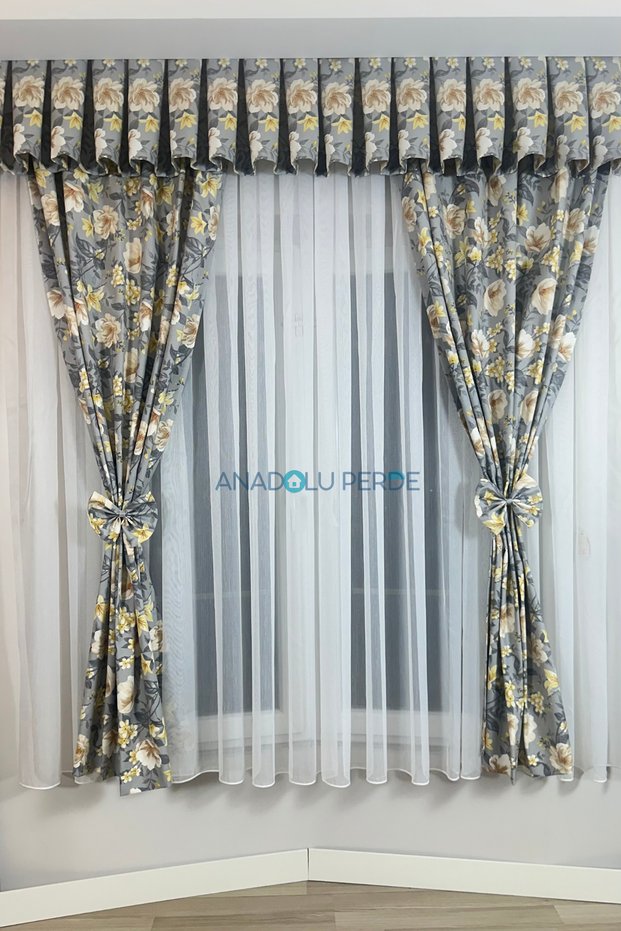 Kitchen Curtain, Closely Pleated, 1/3 Orchid Pattern on a Gray Background, with Fringed Curtain Rail, Short Drapery Curtain, Modern
