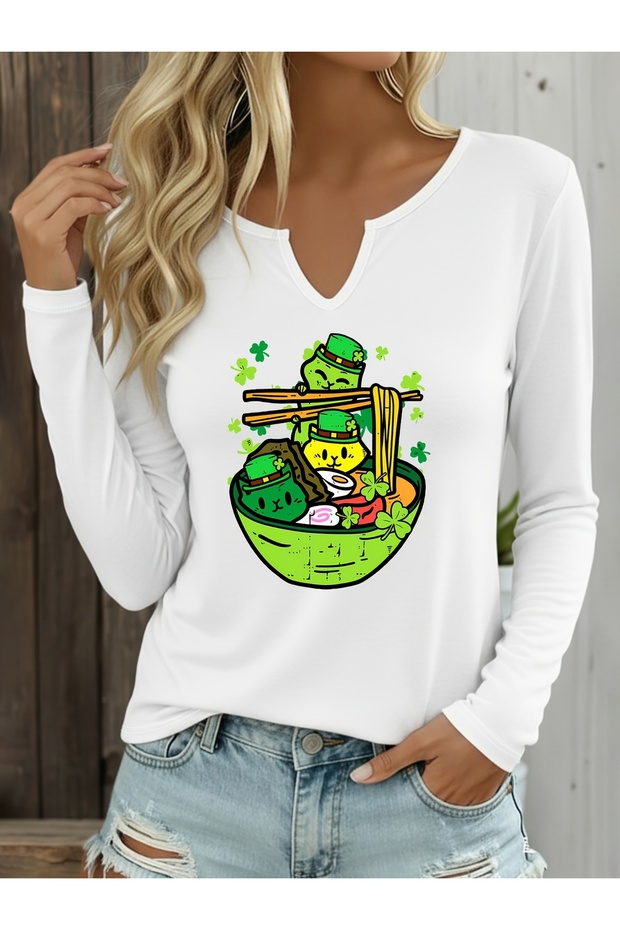 Mix-Printed Cotton-Lycra Half-V-Neck Short-Sleeved Blouse