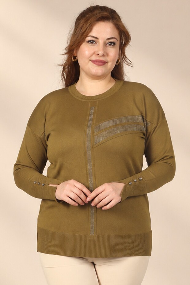 Women's Plus-Size Knit Blouse embellished with vertical and asymmetrical horizontal stones on the front