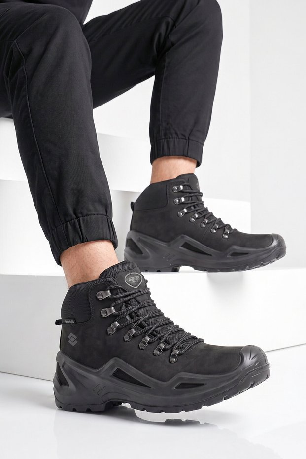 Black Nubuck Genuine Leather Lace-Up Boot with Non-Slip Sole and Waterproof Construction for Men's Outdoor Boots M3104