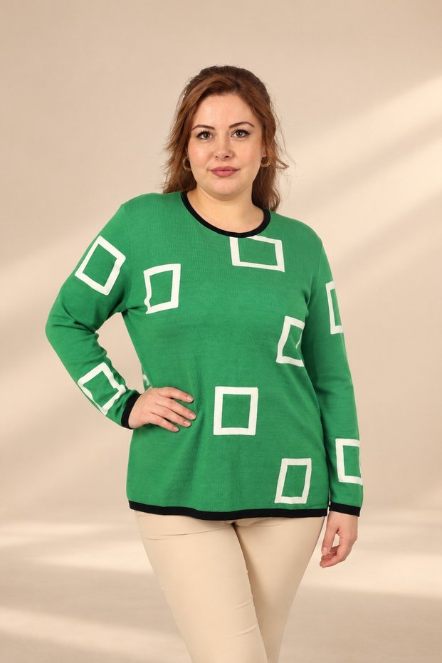 Women's Plus-Size Viscose Knit Blouse with Checked Pattern and Button Detail on the Back