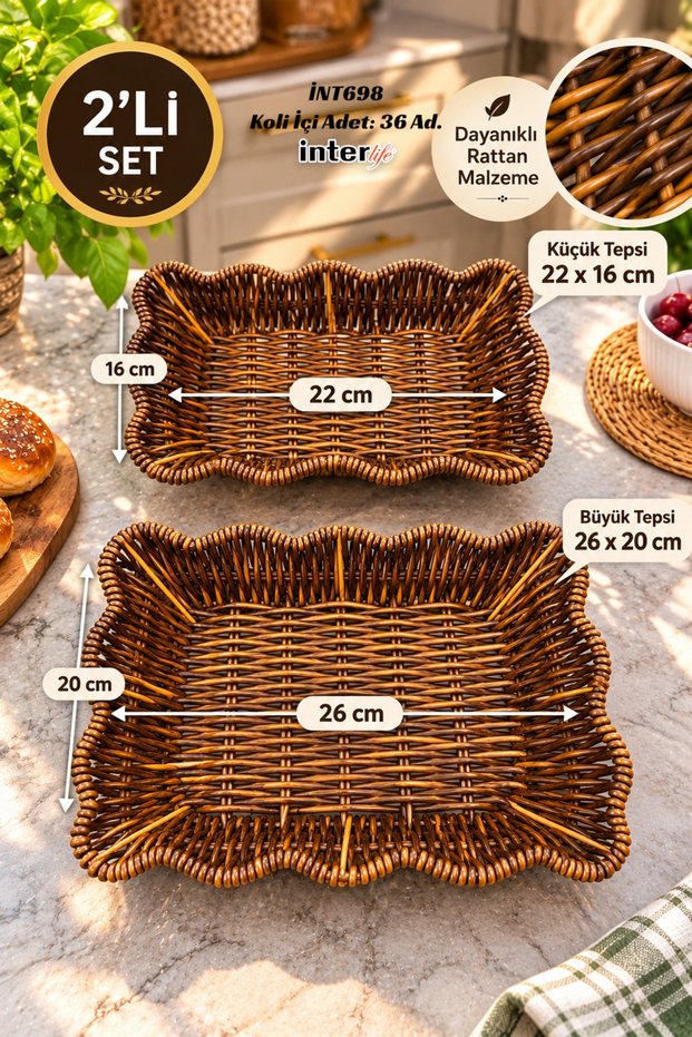 Set of 2 Rattan Baskets: Rectangular Knitted Bread Basket and Breakfast Serving Basket—Decorative Wicker-Style Kitchen Basket