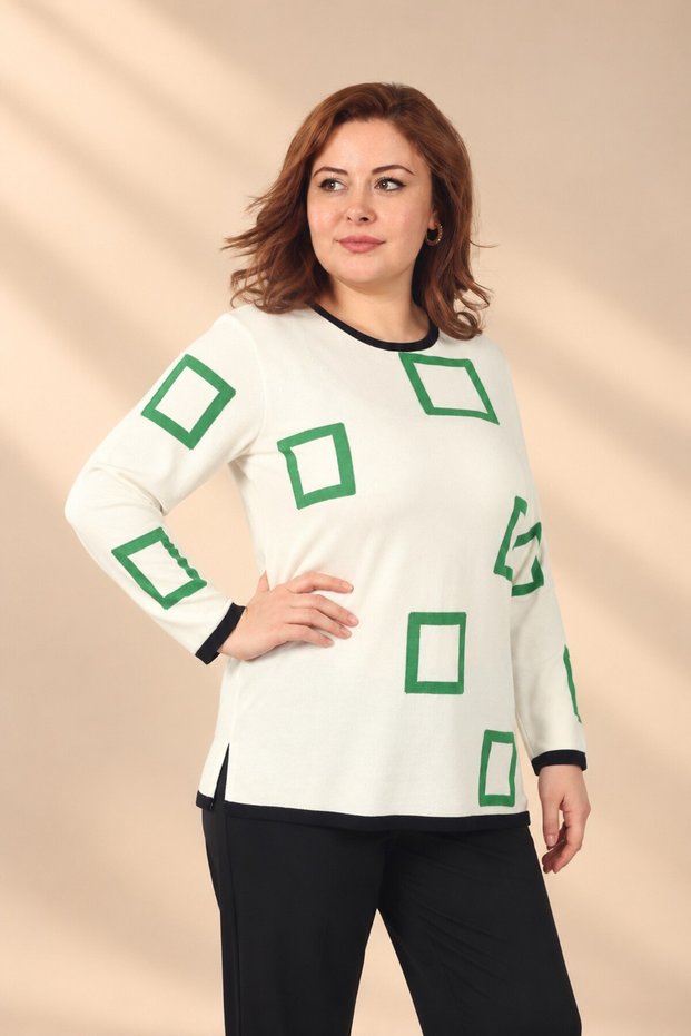 Women's Plus-Size Viscose Knit Blouse with Checked Pattern and Button Detail on the Back
